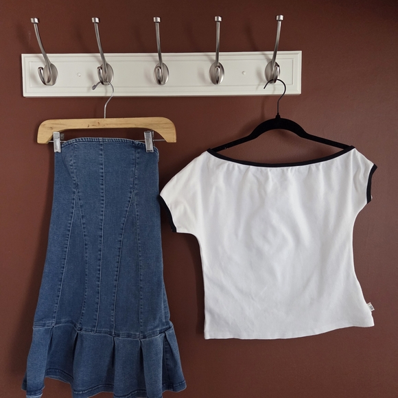 Urban Outfitters Dresses & Skirts - BDG Asymmetrical One-Shoulder Top S + Urban Outfitters Denim Strapless Dress M